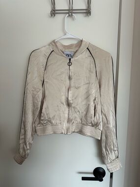 ZARA Cream Satin Bomber Jacket with Black Piping Detail